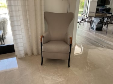 Beige Tone Upholstered Chair with Black and Wood Accents