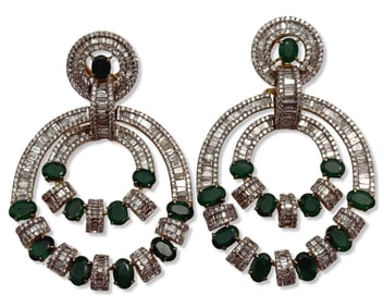 14kt YG, Approx 12.00ct Diamond, & 8.00ct Emerald Door Knocker Earrings