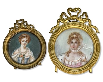 Pair of Antique French Miniature Women's Portraits