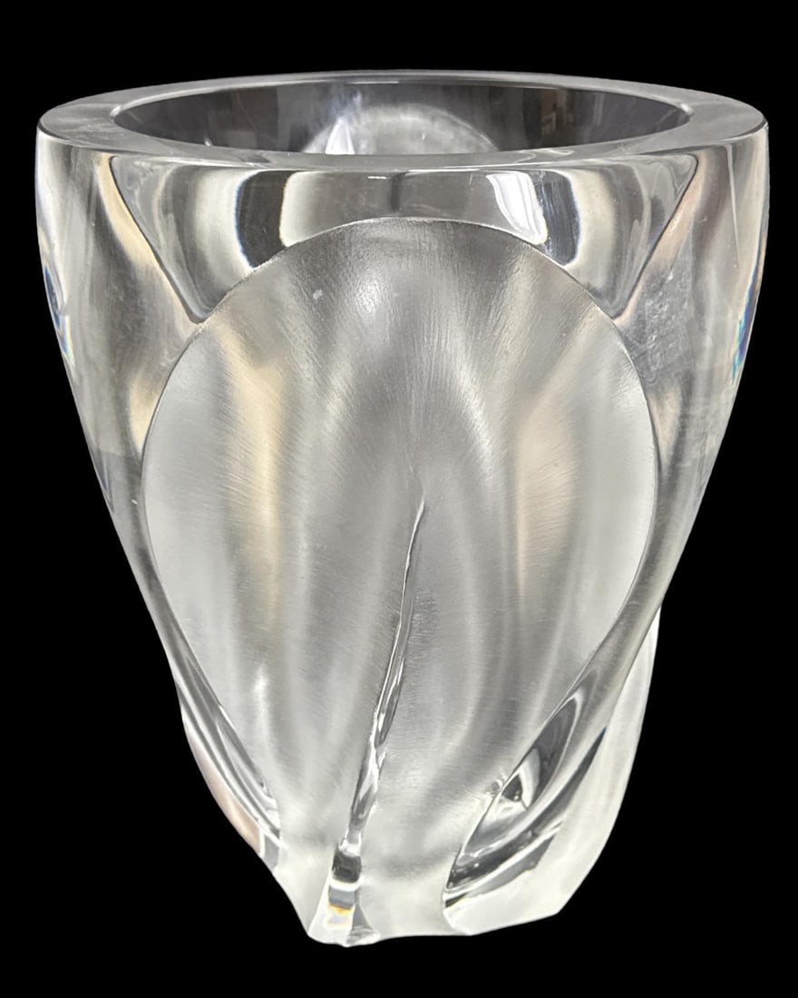 Lalique France Clear & Frosted Crystal Ingrid Vase: Lalique France Clear & Frosted Crystal Ingrid Vase measures H: 10 1/2" x DIA: 9 1/2". Features chips & straches throughout, sold as is