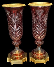 Pair of Rare European Ruby Red Cut to Clear Crystal & Dore Bronze Mounted Urn Vases