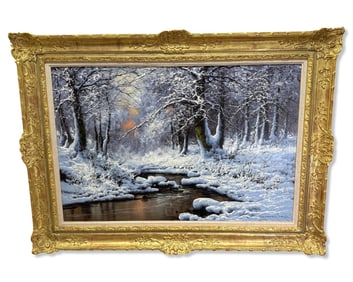 Signed Laszlo Neogrady (Hungarian, 1896-1962) Oil Painting on Canvas Amid the Winter Snow