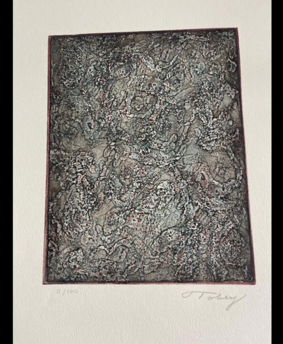 Mark Tobey (1890-1976) was an American painter known for his "white writing" technique, which: Mark Tobey (1890-1976) was an American painter known for his "white writing" technique, which involved creating densely structured compositions with calligraphic marks. The work is a color etching and
