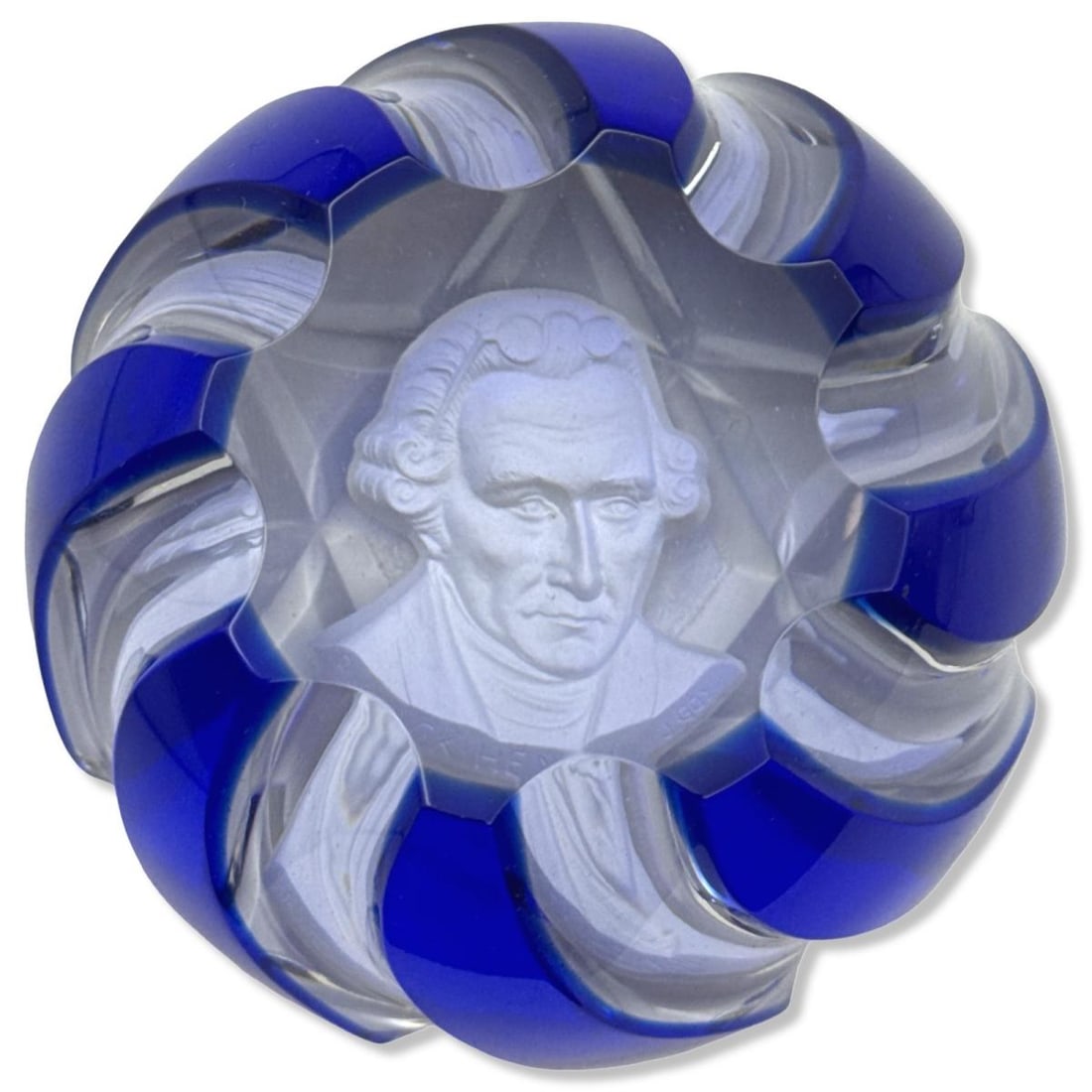 Baccarat Blue Swirl Sulphide Paperweight Portraying Patrick Henry (1 of 2)