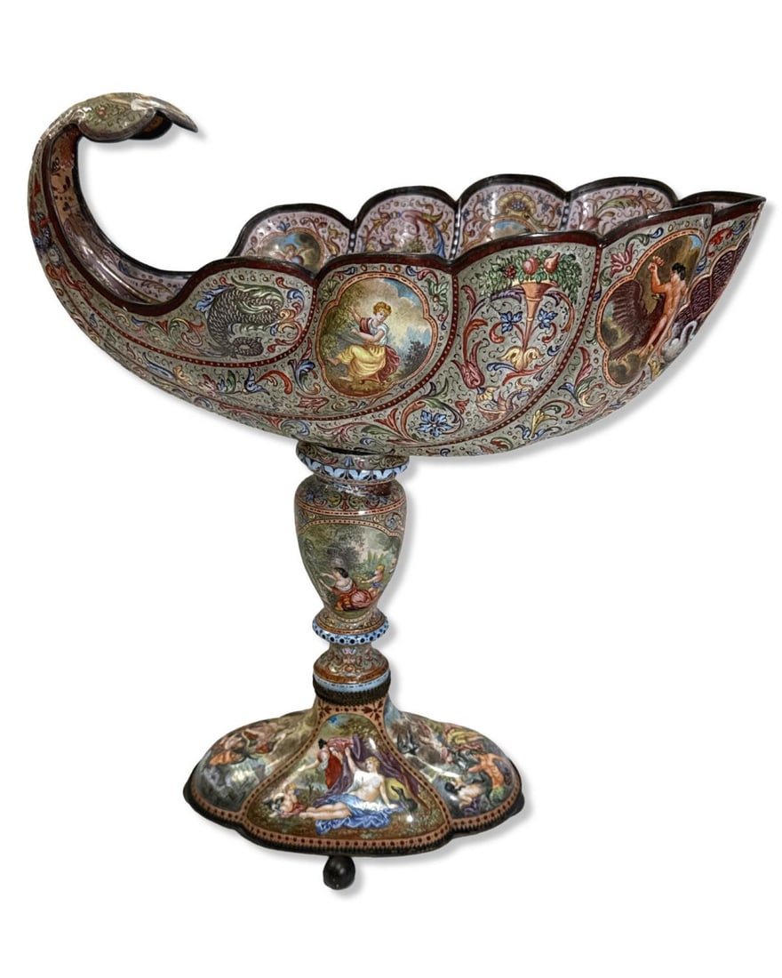 Antique European Enamel Footed Centerpiece Featuring a God & Goddess Motif Throughout: Antique European Enamel Footed Centerpiece Featuring a God & Goddess Motif Throughout measures H: 11 3/4" x W: 10 1/2". Has enamel loss throughout, sold as is