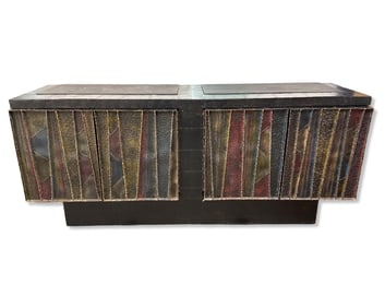 Signed Paul Evans Mid Century Deep Relief Multicolored Four Door Cabinet Credenza
