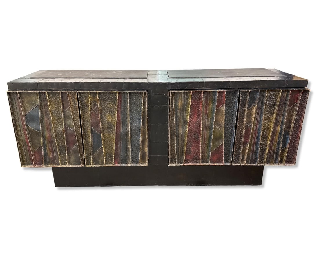 Signed Paul Evans Mid Century Deep Relief Multicolored Four Door Cabinet Credenza