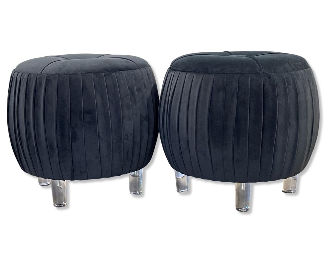 Lot of Three Mid-Century Modern Lucite & Black Velvet Stools: Lot of Three Mid-Century Modern Lucite & Black Velvet Stools measures 17" x 17"