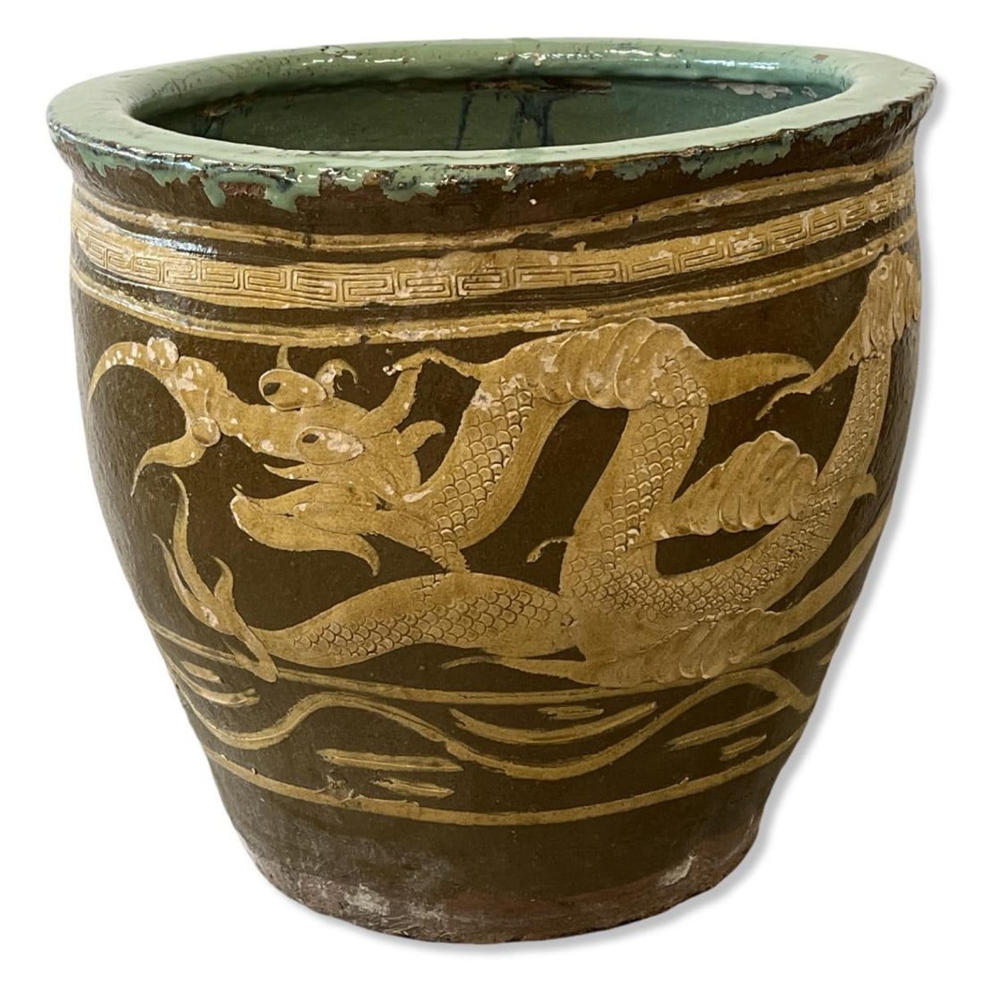 Antique Chinese Egg Crate Jar Pot Featuring Dragon Motif with Brown Exterior Glaze (1 of 2)
