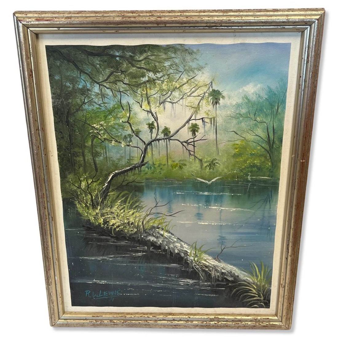 Signed Robert L. Lewis Florida Highwaymen Oil Painting on Canvas Landscape with River: Signed Robert L. Lewis Florida Highwaymen Oil Painting on Canvas Landscape with River. Signed lower left, measures H: 18 1/4" x W: 14", 2" frame & matte
