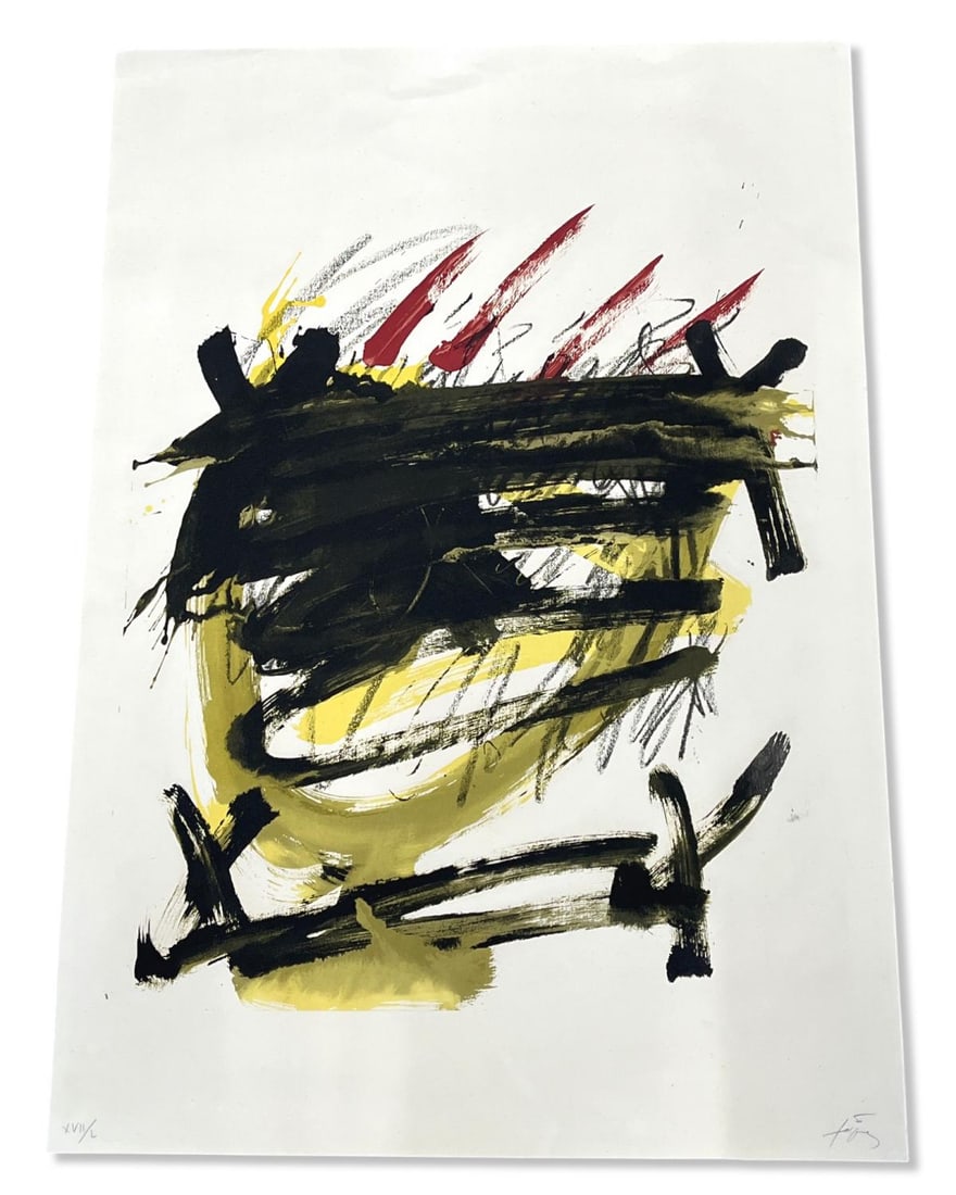 Signed Antoni Tapies (Spanish, 1923-2012) Lithograph in Color Als Mestres De Catalunya 1974: Signed Antoni Tapies (Spanish, 1923-2012) Lithograph in Color Als Mestres De Catalunya 1974. Signed and numbered with roman numerals XVII/L, measures H: 30" x W: 27"