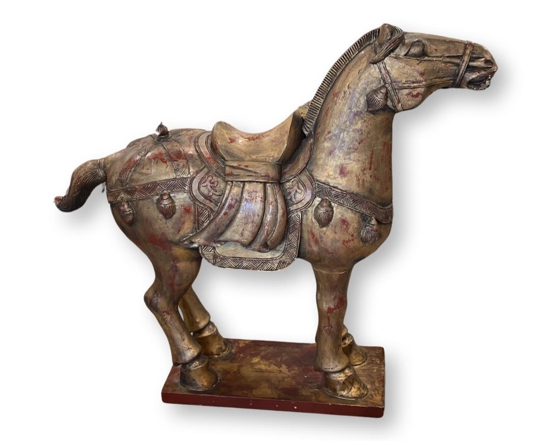 Chinese Hand Carved & Gilt Horse Sculpture (1 of 2)