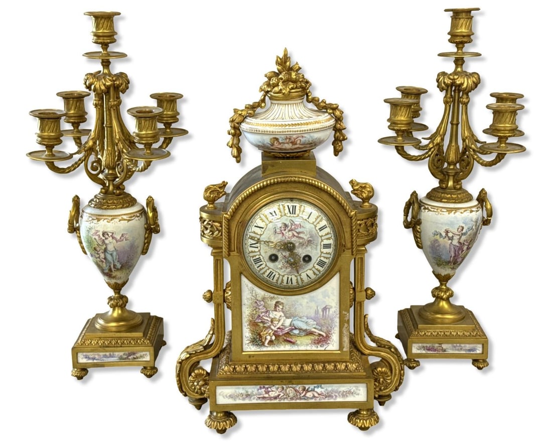 Antique French Sevres Porcelain & Dore Bronze Three Pcs Clock & Matching Candelabras Set (1 of 7)