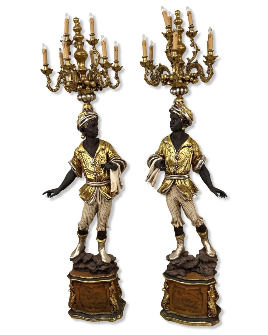 Pair of Italian Hand Carved & Hand Painted Nine Light Blackamoor Floor Lamp Candelabras (1 of 5)