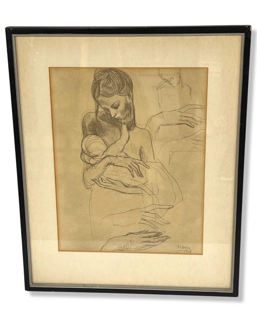 Signed Pablo Picasso (Spanish, 1881-1973) Lithograph Drawing Mother with Child 1904: Signed Pablo Picasso (Spanish, 1881-1973) Lithograph Drawing Mother with Child 1904. Signed lower right, measures H: 12" x L: 9", 2 1/2" frame & matte