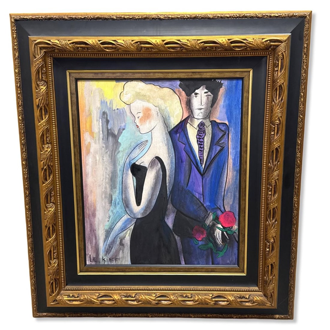 Signed Linda Le Kinff (French b. 1949) Oil Painting Man & Woman with Rose: Signed Linda Le Kinff (French b. 1949) Oil Painting Man & Woman with Rose. Signed lower left, measures H: 21" x W: 17 1/2", 6 1/2" frame
