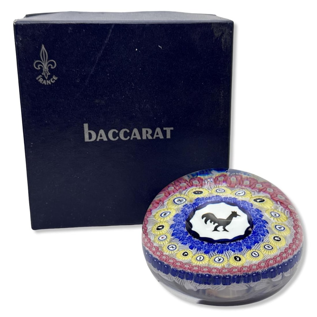 Baccarat Gridel Rooster Paperweight: Baccarat Gridel Rooster Paperweight. Marked, dated 1971, & numbered "981" on bottom, measures H: 2 3/8" x DIA: 3 3/8" includes original box