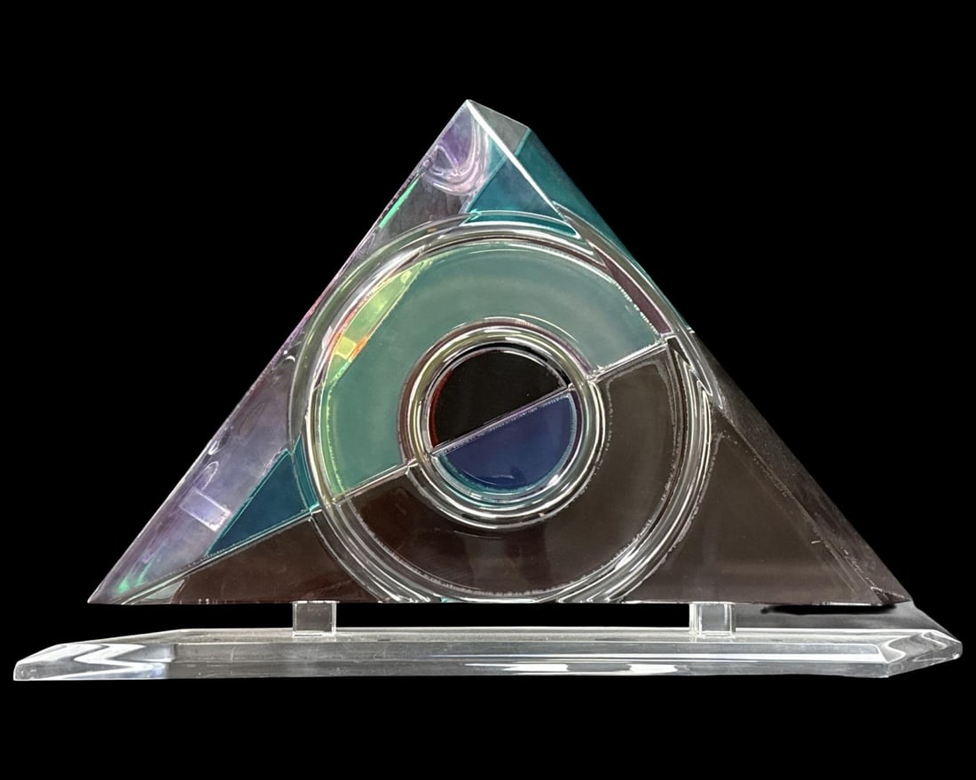 Signed Shlomi Haziza Multicolored Lucite Abstract Triangular Sculpture: Signed Shlomi Haziza Multicolored Lucite Abstract Triangular Sculpture measures H: 17" x W: 28 1/4" x L: 4"