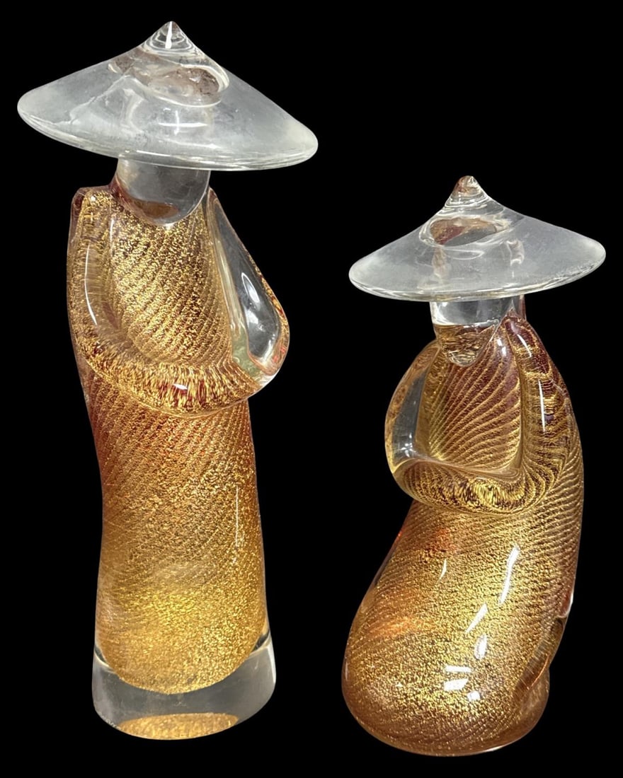 Pair of Murano Clear & Gold Tone Speckle Art Glass Monk Figurines (1 of 3)