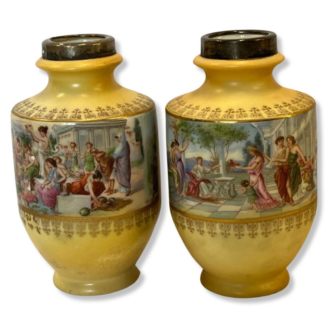 Pair of Royal Vienna Style Hand Painted Porcelain Vases with Sterling Silver Top (1 of 2)