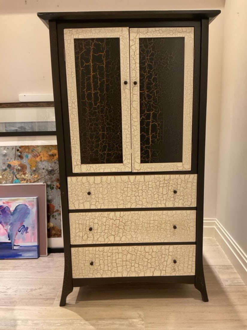 Large Beautifully Crafted Black, White, & Gold Craquelure Motif Three Drawer Armoire (1 of 1)