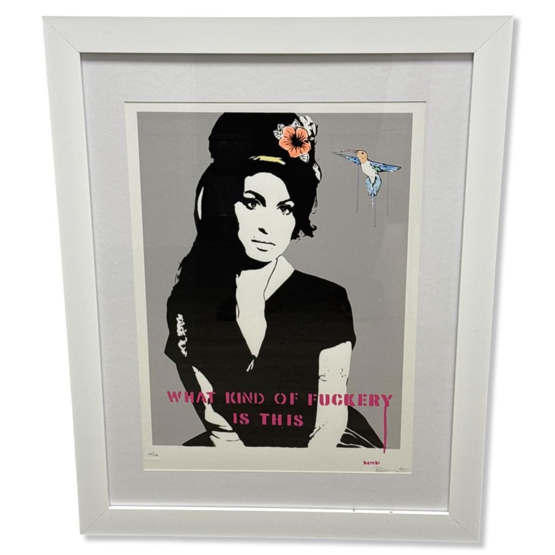 Signed Bambi (British, b. 1982) Original Screenprint Amy: Signed Bambi (British, b. 1982) Original Screenprint Amy. Signed lower right, measures H: 20" x W: 14 1/2", 3 5/8" frame & matte. Includes COA and original purchase invoice of $1,679.85