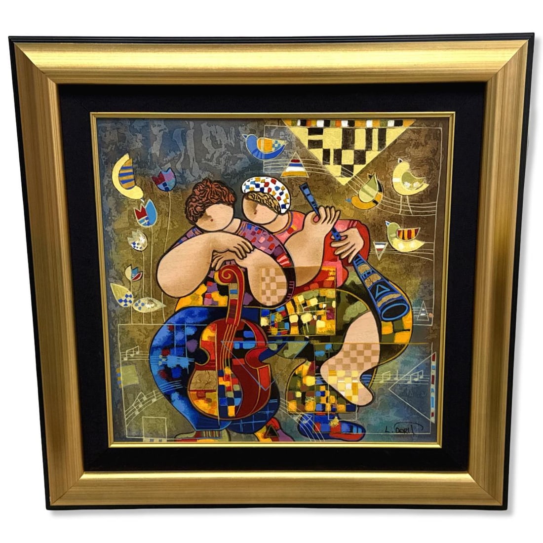 Signed Dorit Levi (Israeli, b. 1952) Embellished Serigraph on Wood Serenade for Two (1 of 3)