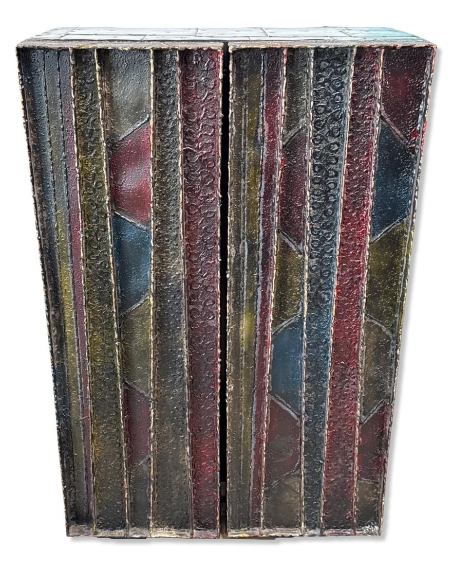 Paul Evans Mid Century Deep Relief Multicolored Two Door Wall Mounted Hanging Cabinet: Paul Evans Mid Century Deep Relief Multicolored Two Door Wall Mounted Hanging Cabinet measures H: 36" x W: 24 1/4" x L: 11 7/8". With doors open W: 48 3/8". Payment for this lot must be made via wire.