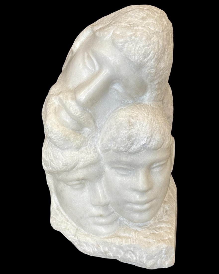 Signed Eugene Gauss (American, 1905-1994) White Marble Sculpture of Three Faces (1 of 4)