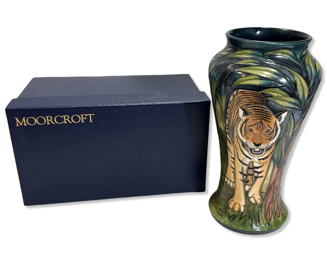 Moorcroft Limited Edition Rathambhore Pattern Tiger Motif Vase: Moorcroft Limited Edition Rathambhore Pattern Tiger Motif Vase. Marked, numbered 189/400, & dated 2001 on bottom. Measures H: 10 3/8" x W: 6". Includes original box