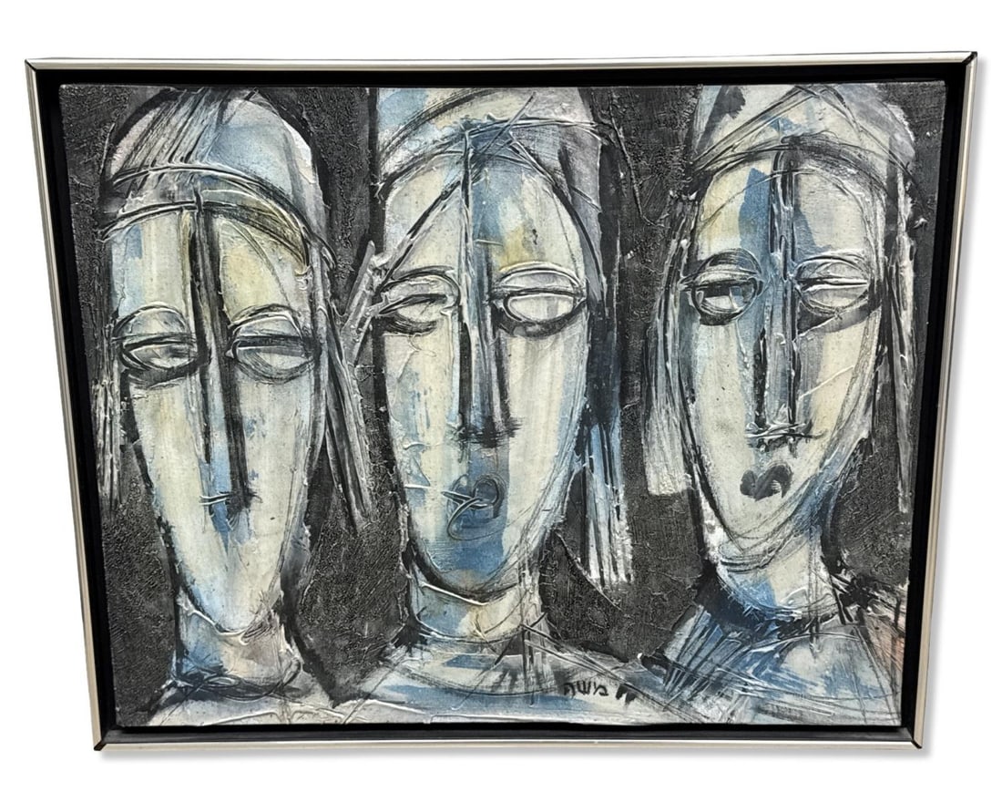 Signed Moshe Katz (Israeli, b. 1937) Oil Painting on Canvas of Three Faces (1 of 3)