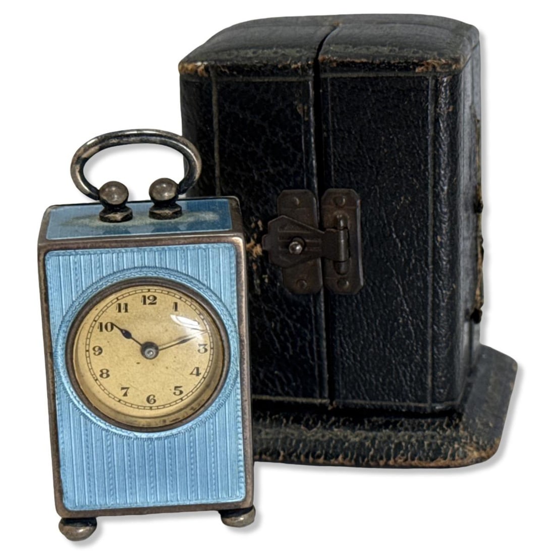 Shreve Crump & Low Sterling Silver & Enamel Miniature Carriage Clock: Shreve Crump & Low Sterling Silver & Enamel Miniature Carriage Clock measures H: 2 1/8" x W: 1 1/8". Includes original travel case