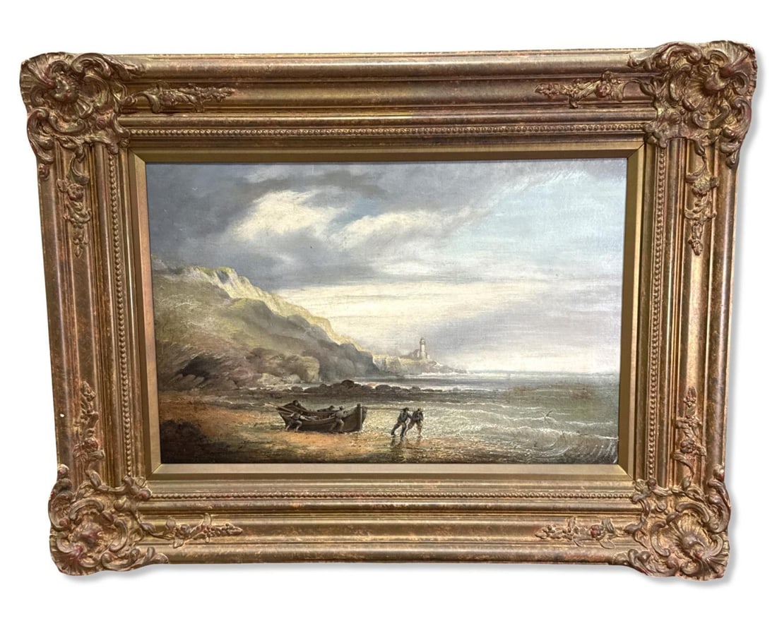 Signed Henry Richardson (English b. 1920) Oil Painting on Canvas of Men Pulling a Boat Shoreside (1 of 4)