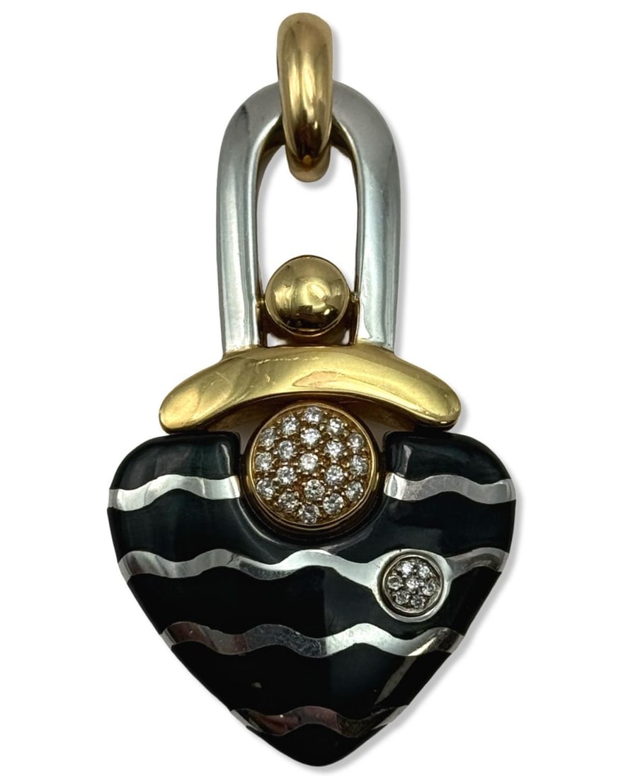 La Nouvelle Bague 18kt YG + WG, Enamel, & Diamond Heart Pendant: La Nouvelle Bague 18kt YG + WG, Enamel, & Diamond Heart Pendant measures L: 2 3/8" x W: 1 1/4", weighs 17.3dwt. Stamped on back
