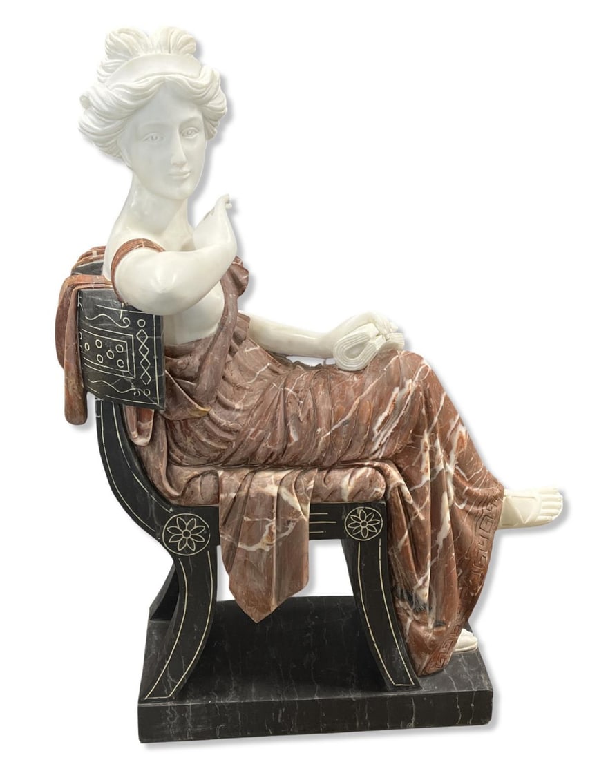Hand Carved White & Pink Marble Seated Woman on Black Marble Base (1 of 3)
