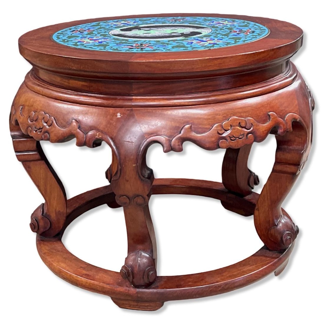 Chinese Carved Rosewood & Cloisonne Top Stool (1 of 3)