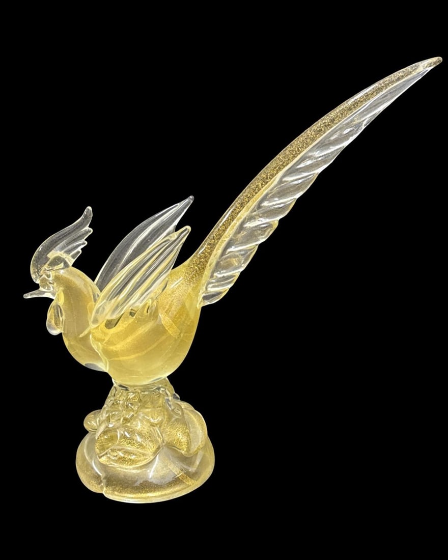 Murano Clear & Gold Tone Speckle Art Glass Bird Sculpture: Murano Clear & Gold Tone Speckle Art Glass Bird Sculpture measures H: 16 1/4" x W: 15"