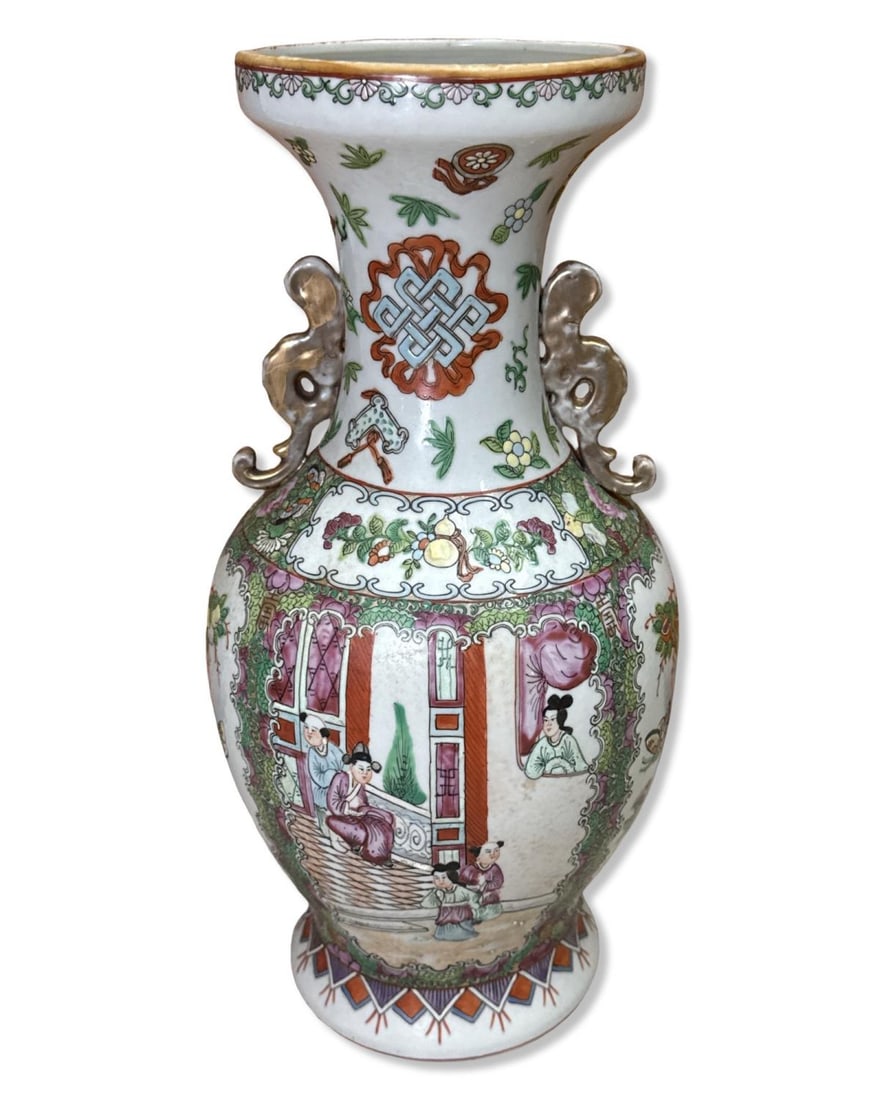 Antique Chinese Rose Medallion Two Handled Vase (1 of 3)