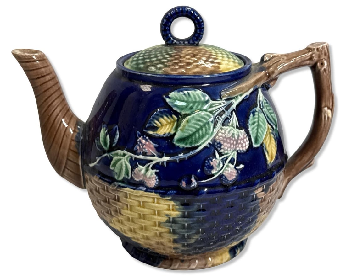 Antique Possibly English Majolica Lidded Teapot Featuring a Berry Motif (1 of 2)