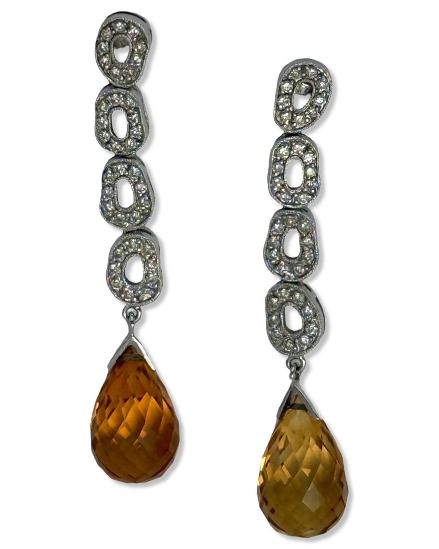 18kt WG, Citrine, & Diamond Dangle Drop Earrings: 18kt WG, Citrine, & Diamond Dangle Drop Earrings measures L: 2", weighs 5.02dwt