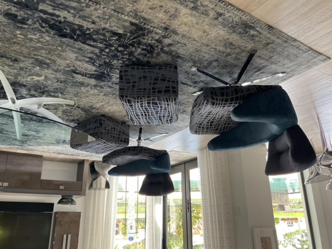 Pair of Dilmos Pouf Mary Armchairs & Checkered Ottomans: Pair of Dilmos Pouf Mary Armchairs & Checkered Ottomans. Chairs H: 33" x W: 37 1/2" x L: 31", ottomans H: 13" x W: 24" x L: 18". Chairs original retail price of $5,941.50, ottomans original retail pri