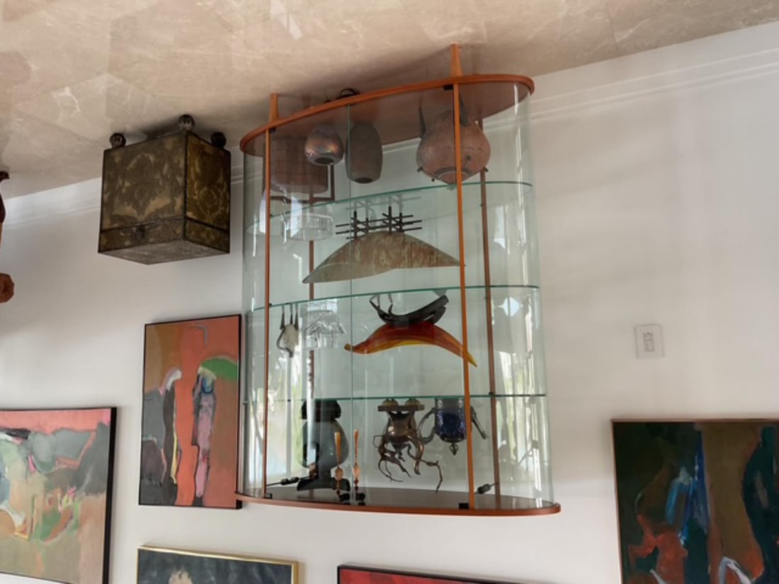 Cherry Wood Vitrine Display Cabinet with Lights: Cherry Wood Vitrine Display Cabinet with Lights H: 66 1/2" x W: 53" x L: 18". Original retail price of $5,590.00