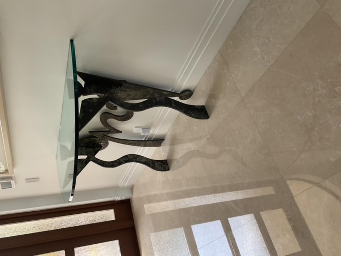 Half Moon Glass Console Table with Sculptured Base in Coppered Finish (1 of 1)