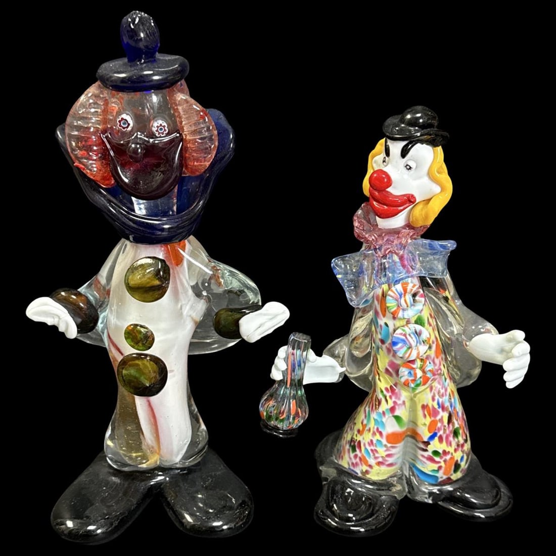 Pair of Murano Multicolored Art Glass Clown Figurines: Pair of Murano Multicolored Art Glass Clown Figurines. Largest measures H: 10 1/8" x W: 5 5/8"