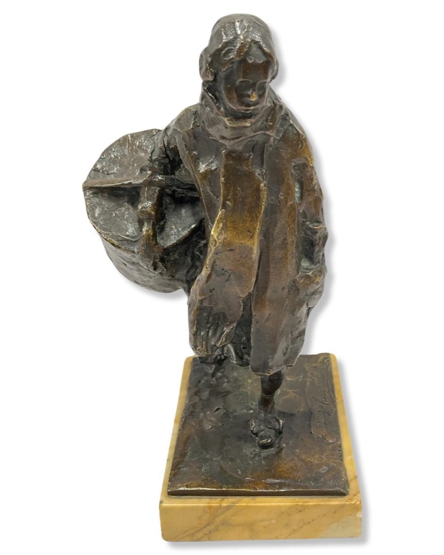 Signed Antique Bronze on Marble Base of a Young Woman Holding a Basket (1 of 3)