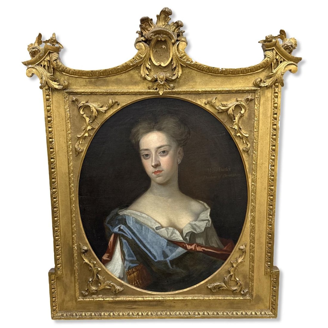 Sir Godfrey Kneller (German/British, 1646-1723) Oil Painting on Canvas of Mary Butler Duchess of: Sir Godfrey Kneller (German/British, 1646-1723) Oil Painting on Canvas of Mary Butler Duchess of Devonshire measures H: 28 5/8" x W: 24". Total H: 43"x W: 33 1/2"