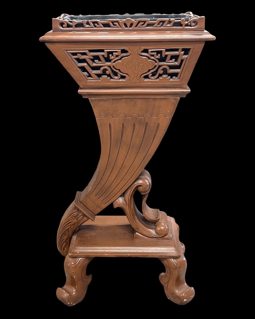 Chinese Carved Teakwood Cornucopia Plant Stand with Zinc Metal (1 of 4)