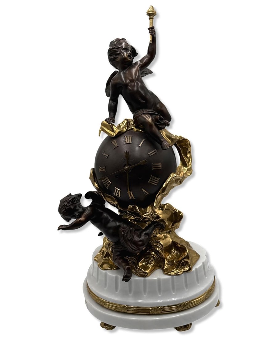 Signed Imperial Italian Patinated Gold Ormolu & Marble Mantle Clock Featuring Two Cherubs (1 of 5)