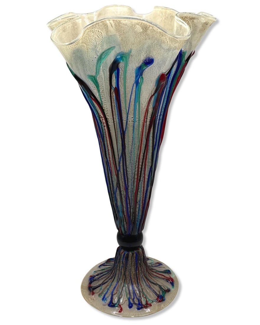 Vintage Murano Multicolored Art Glass Ruffled Rim Centerpiece Vase: Vintage Murano Multicolored Art Glass Ruffled Rim Centerpiece Vase measures H: 27 1/2" x DIA: 15 1/8"