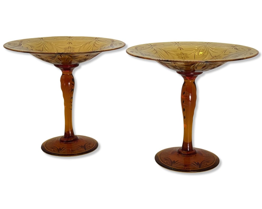 Pair of Hawkes Amber Colored Crystal Compotes: Pair of Hawkes Amber Colored Crystal Compotes measures H: 6 1/8" x DIA: 6 1/2"
